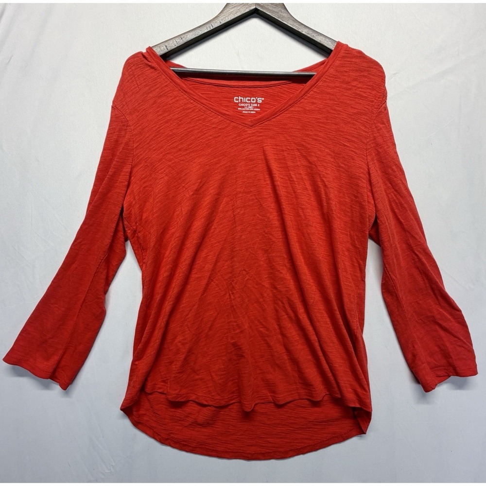 Chico's Womens Size 2 US Large Red V Neck Top 3/4 Sleeve Ruched Casual